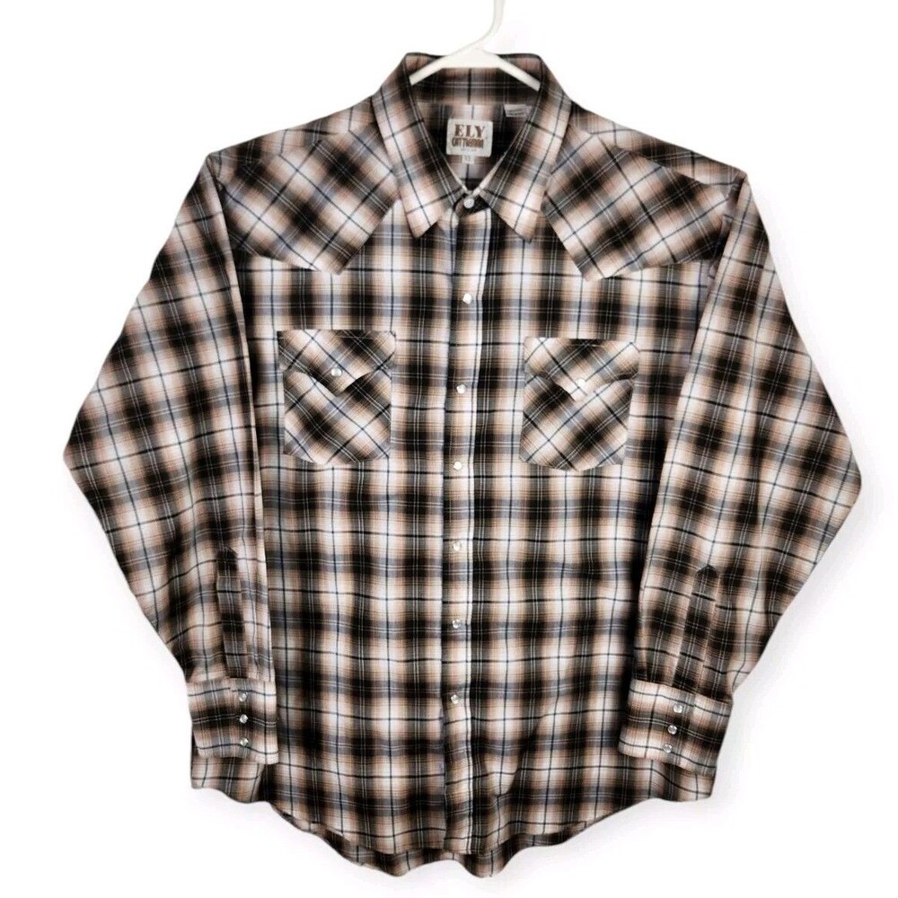 Ely Cattleman Men's Western Shirt XL Pearl Snap Long Sleeve Brown Plaid Cowboy